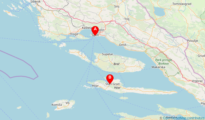 Map of ferry route between Split and Stari Grad (Hvar)
